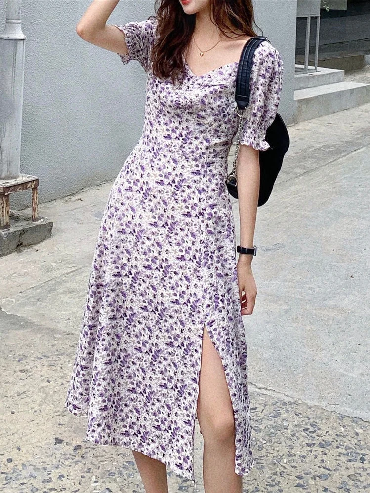 Urban Heart Neck Purple Floral Puff Sleeve Side Split Hem Dress