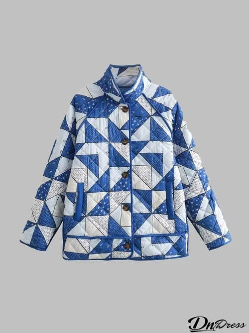 Geometric Button Up Puffer Jacket with Pockets