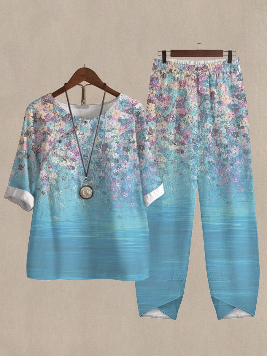 Oil Painting Floral Print Top And Pants Two-piece Suits
