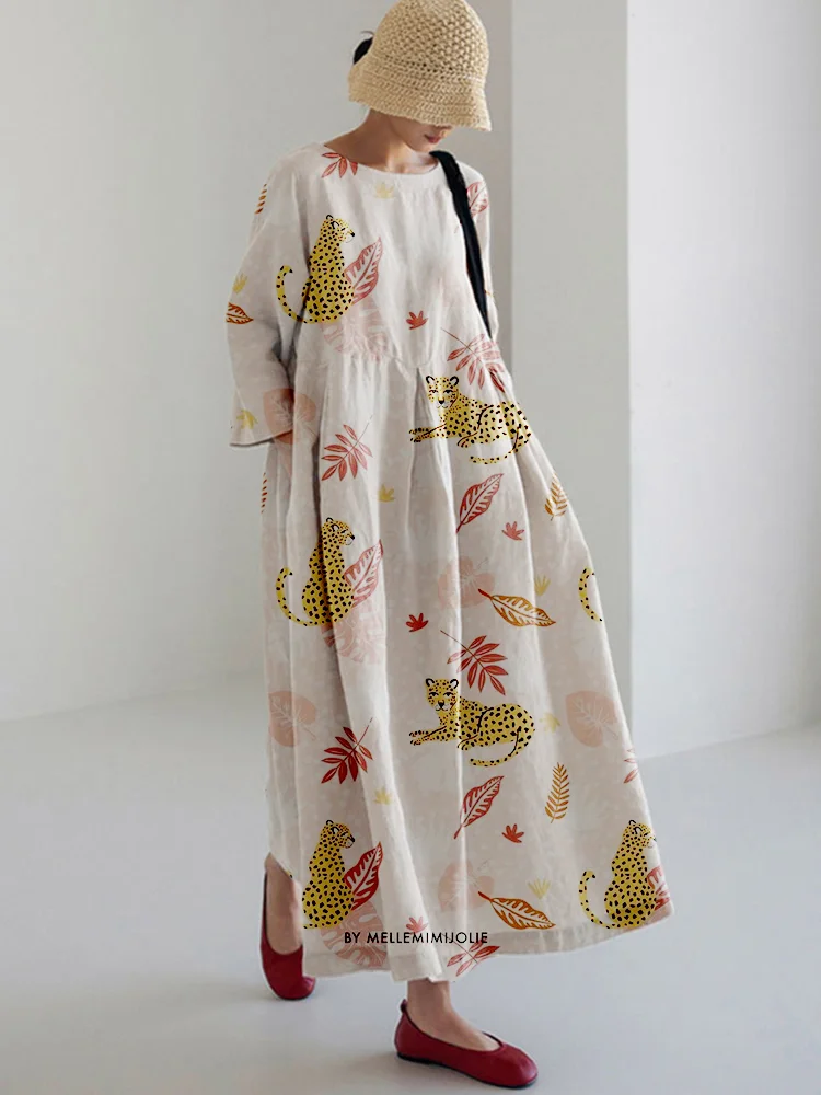 Women's Casual Animl Print Long Sleeve Midi Dress Dress