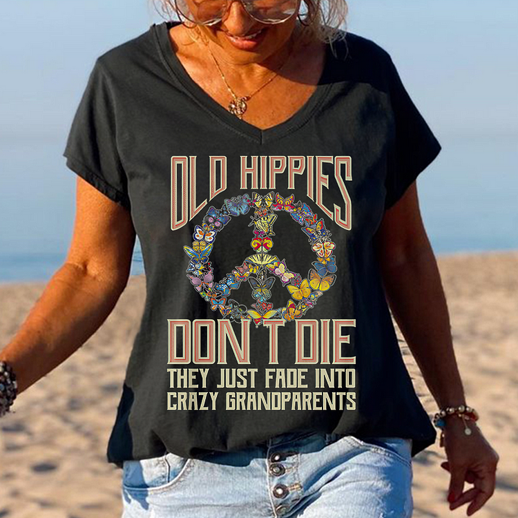 Butterflies Old Hippies Dont Die V Neck Graphic Tees 9525