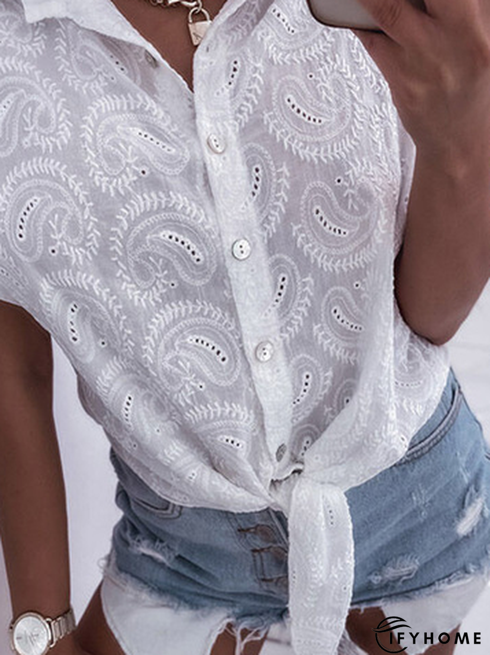 Hollow-out Embroidered Short Sleeve Plain Blouse | IFYHOME