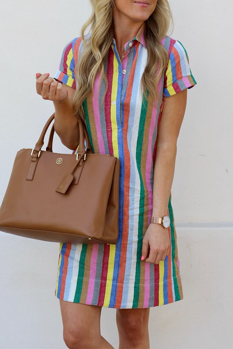 Casual Striped Turndown Collar Shirt Dress Dresses - Life is Beautiful for You - SheChoic