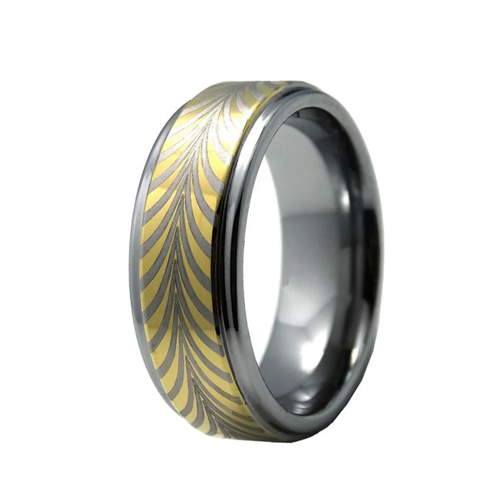 6MM 8MM Men Gold Plated Surface Tungsten Carbide Rings Retro Laser Pattern Wedding