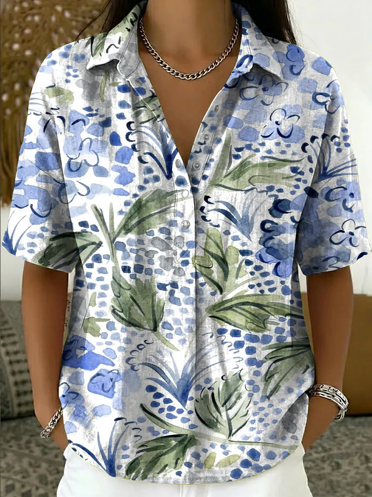 Women's Watercolor Floral Print Cotton Shirt &mdash; Loose-fit, Casual Short-sleeve Top With Lapel Collar