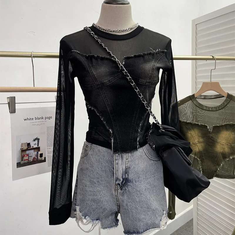 Uveng Real Shooting Hottie Water Wash Side Of The Cowboy Splicing Mesh Yarn Long Sleeve Blouse Short High-Waisted T-Shirt 1366