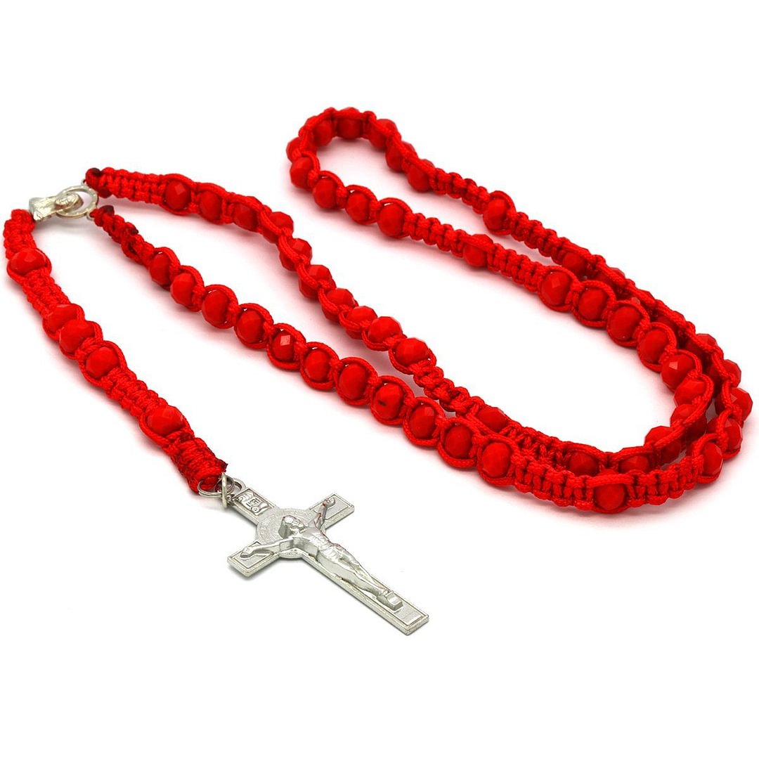 8MM Red Crystal Fabric Rosary With Cross Pendant-VESSFUL