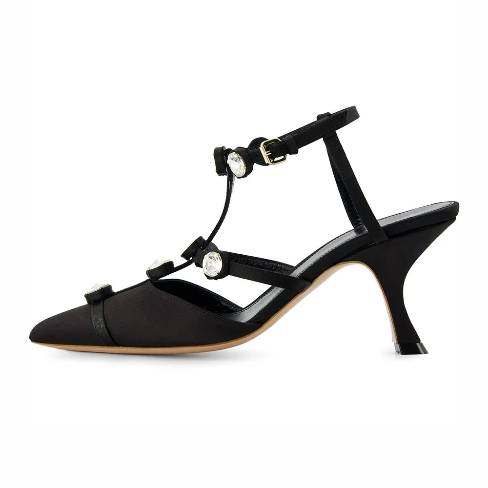 Black Pointed Toe Sculptural Heel Ankle Strap Rhinestone Pumps Shoes