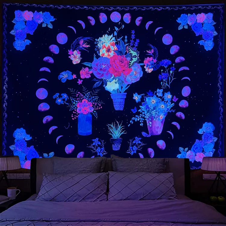 Flower and Moon Phase - Black Light Tapestry
