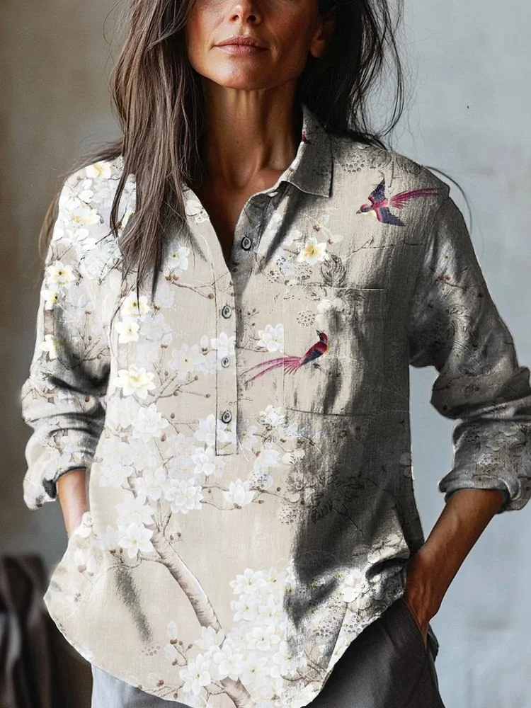 Women's Vintage Flower and bird  Art Print Casual Cotton And Linen Shirt