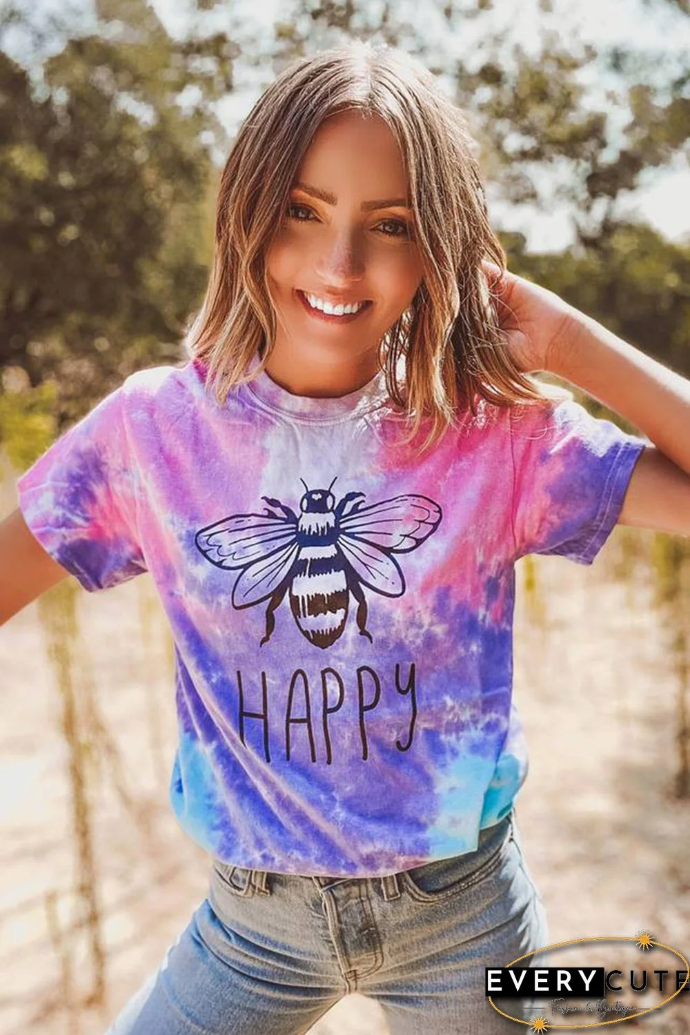 Pink Bee Happy Graphic Tie-dye Cotton Blend Tee