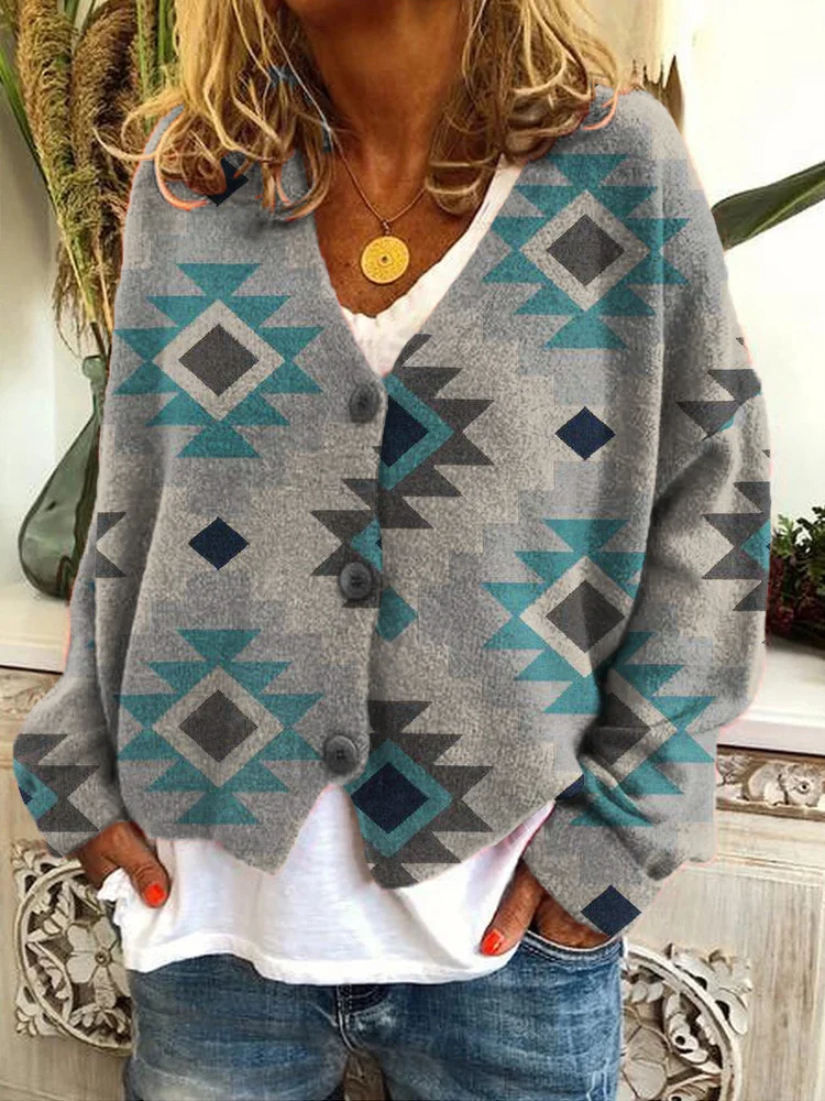 Vintage Western Aztec Print Buttoned Cardigan Sweater