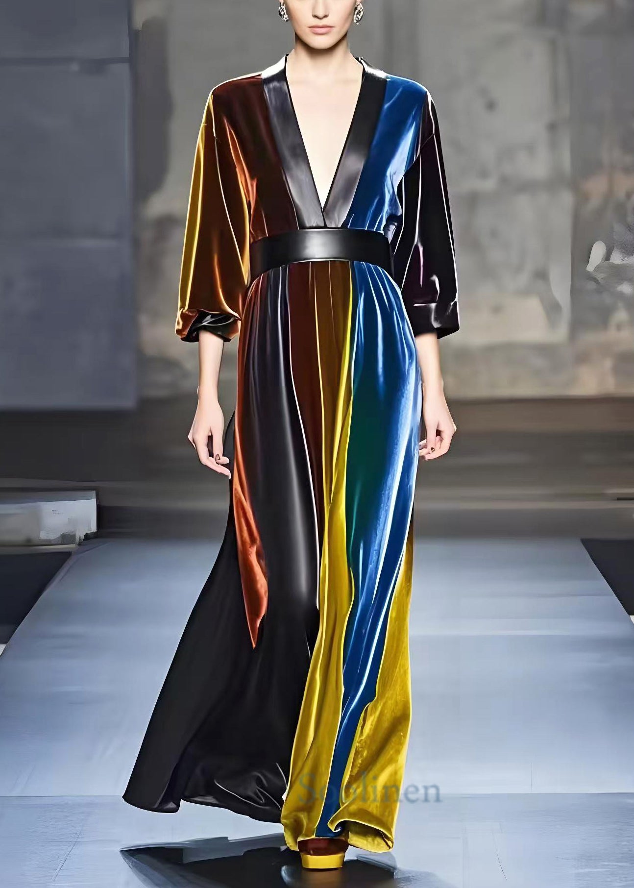 VCSHOES Dark V Neck Leather Patchwork Silk Velvet Vacation Dresses Spring