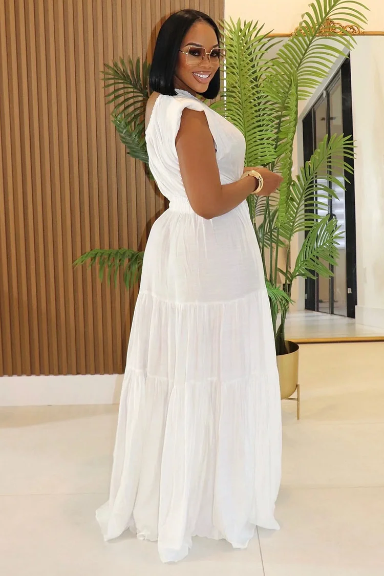 One Shoulder Ruched Waist Quilted Hem Daily Maxi Dresses-White