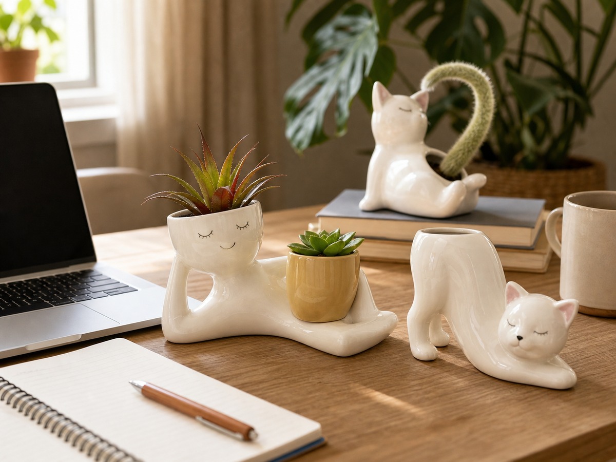 Cute handmade plant pots styled on a home office desk