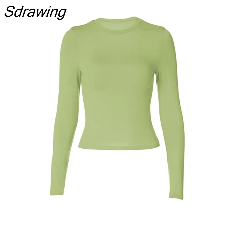 Sdrawing Women's Basic Long Sleeve Crop Top Solid Color Crew Neck Cozy Stretchy Slim Fitted Cropped T Shirts Pullover Streetwear