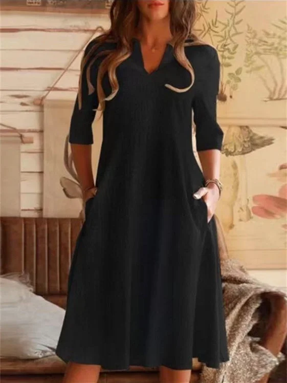 Women Half Sleeve V-neck Solid Color Pocket Dress