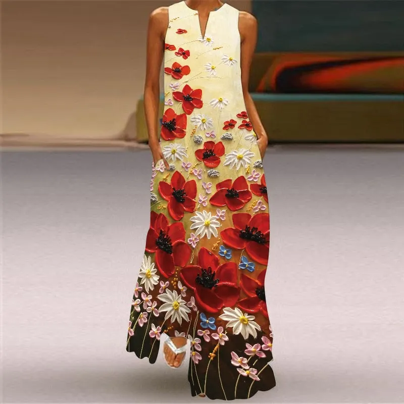 Bohemian Printed Sleeveless Maxi Dress Women Casual V-neck Robe Dresses Female Plus Size Beach Holiday Dress