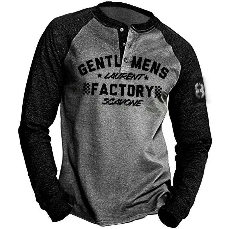 Men's outdoor alphabet print stitching color henley shirt / [viawink] /