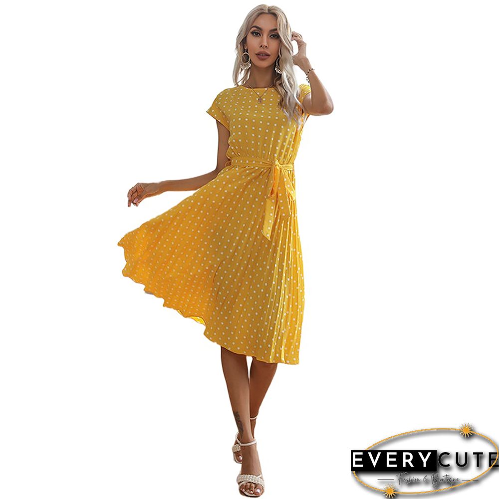 Yellow Tie Waist Short Sleeve Casual Dress