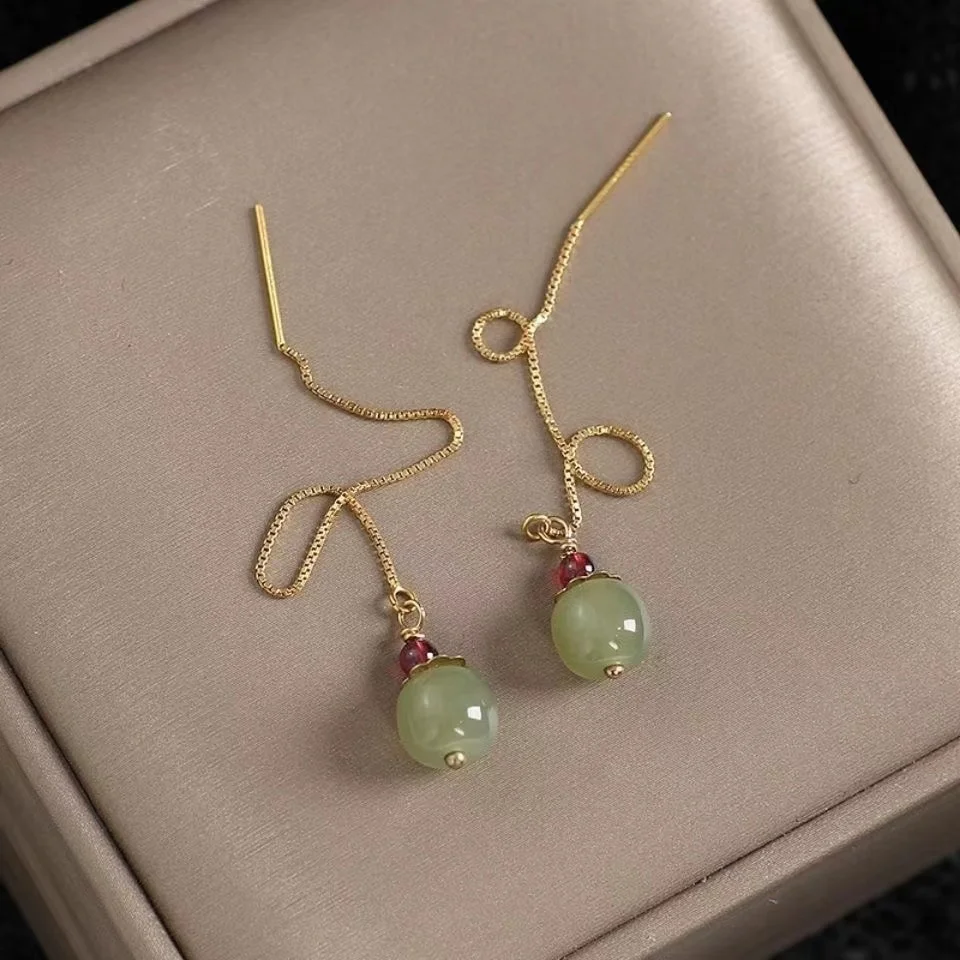 New Hetian Jade Bead Drop Long Earrings for Women 925 Silver Elegant Stone  Dangle Earrings Fashion Jewelry
