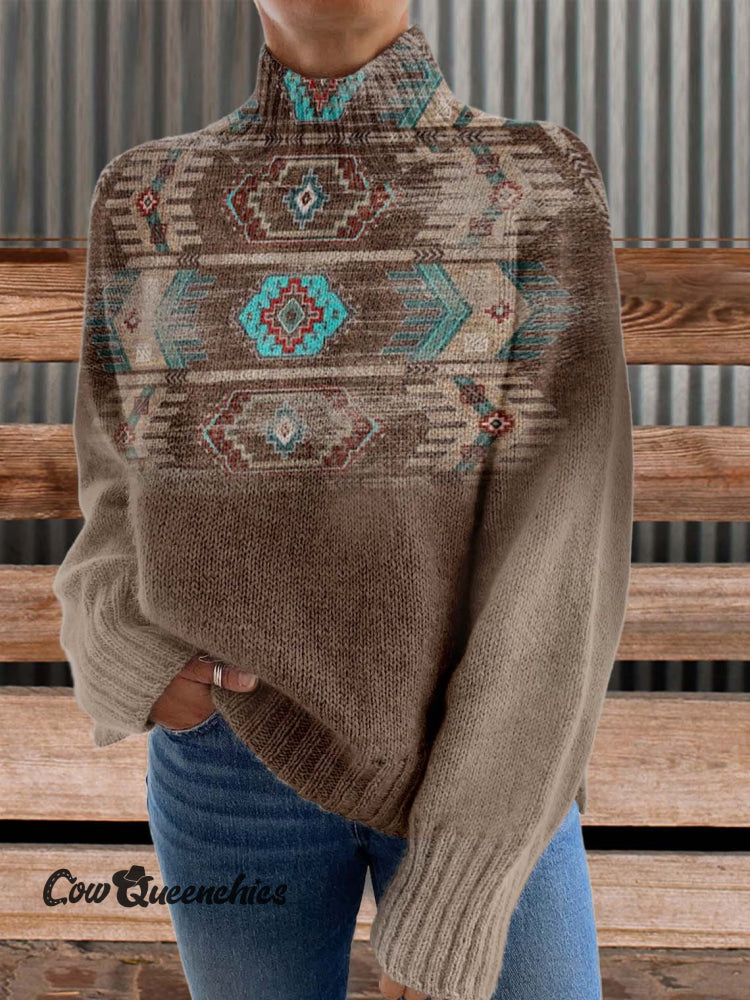 Western Print Knit Turtleneck Pullover Sweater Multicolor / S