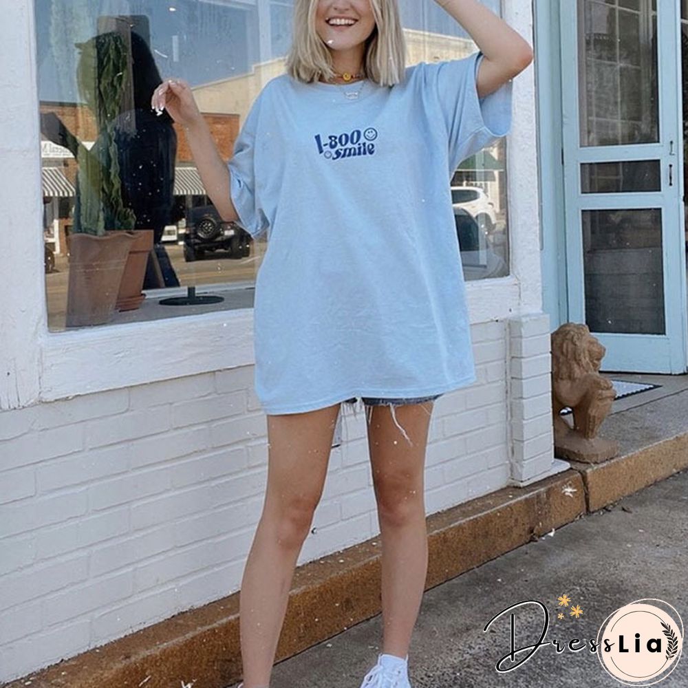 1-800 Smile' Printed Graphic Loose Short-Sleeved T-Shirt