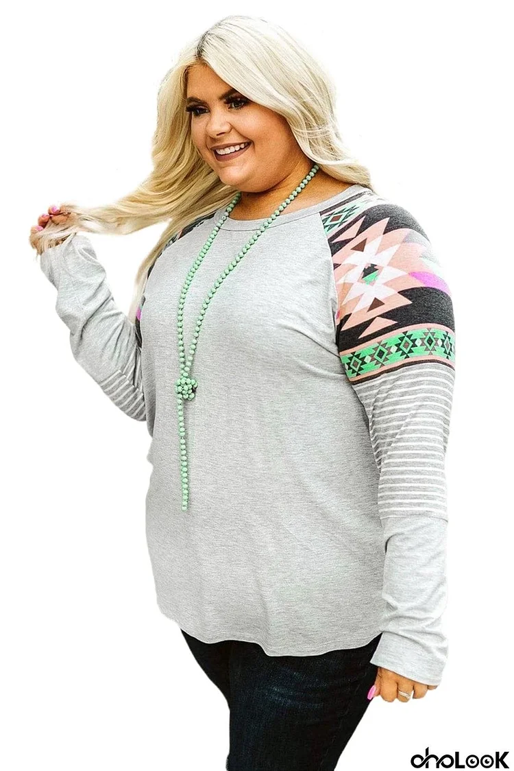 Aztec Stripes Raglan Sleeve Patchwork Plus Size Top