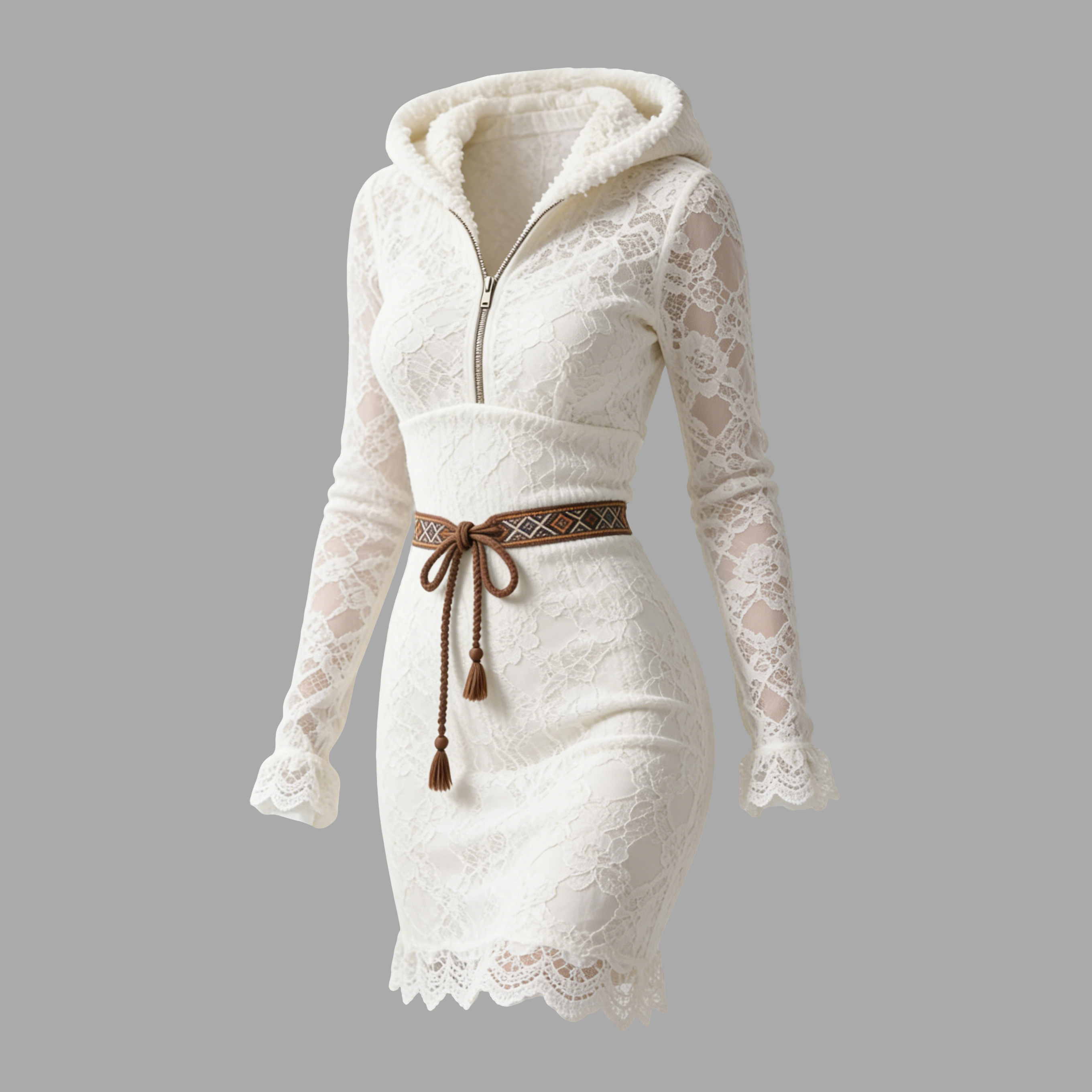 Hooded Denim and White Panel Dress with Belted Waist