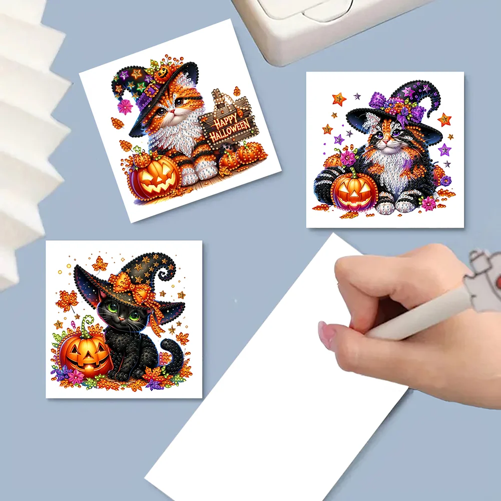 6PCS DIY Halloween Cat Diamond Art Greeting Cards for Halloween and Holidays
