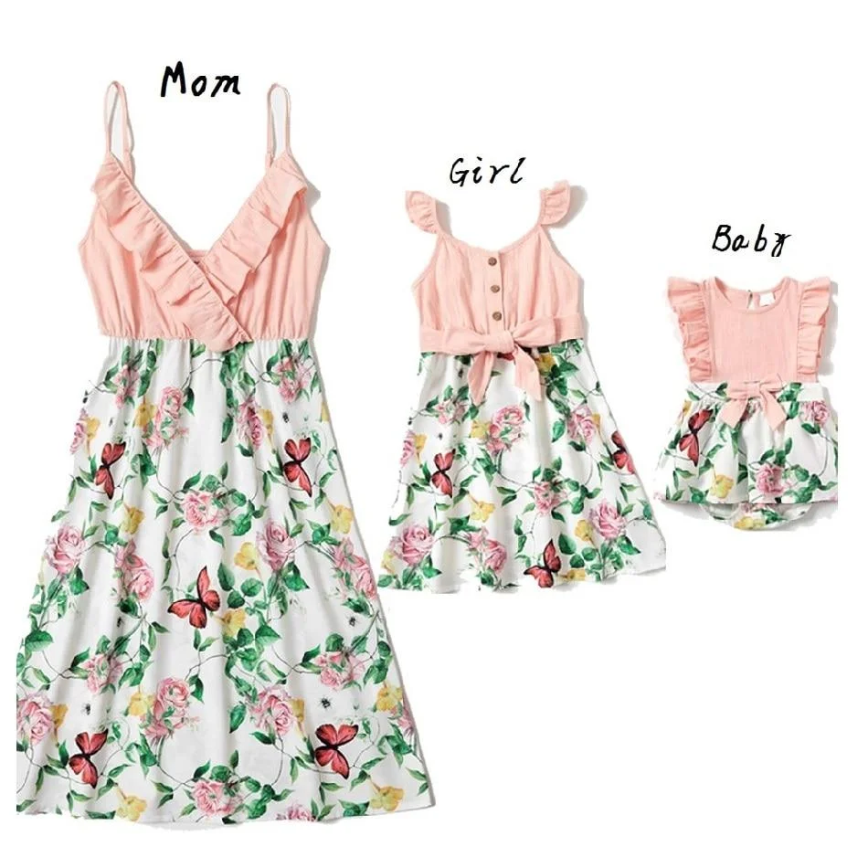 Irregular Mother Daughter Macthing Dresses Family Set Flower Mom Mum Baby Mommy and Me Clothes Fashion Women Girls Cotton Dress