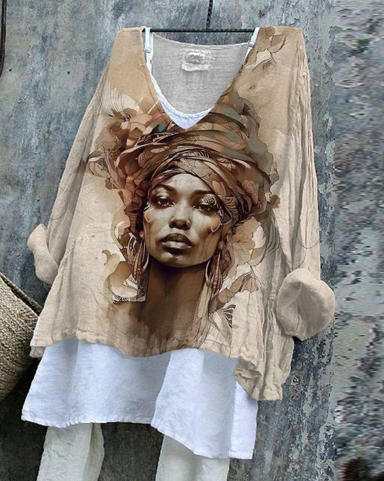 Wrap Headdress Woman Print Linen Blend Flowy Blouse