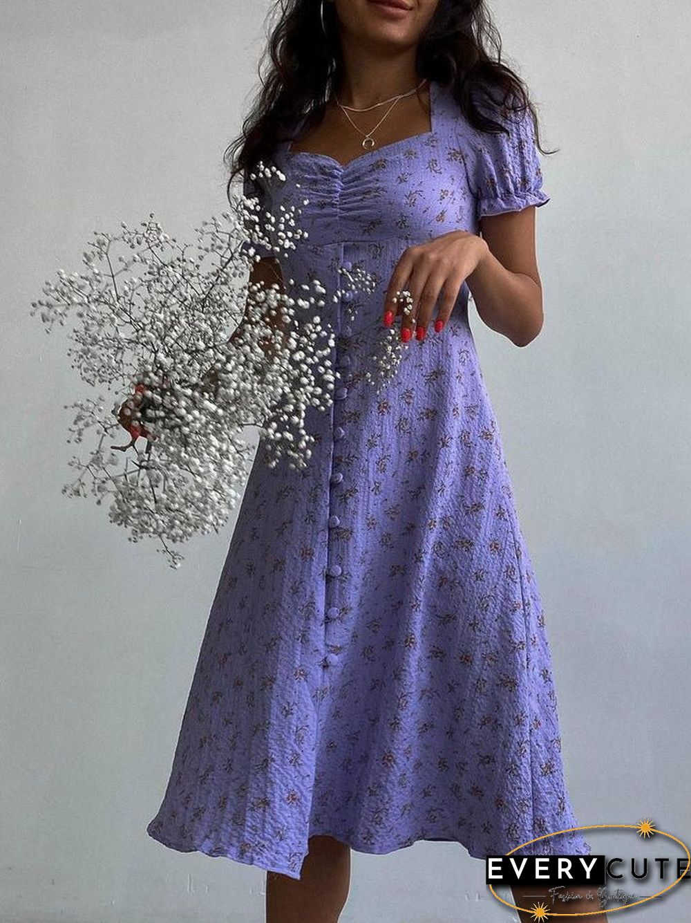 Women'S Dresses Floral Square Neck Button Short Sleeve Dress