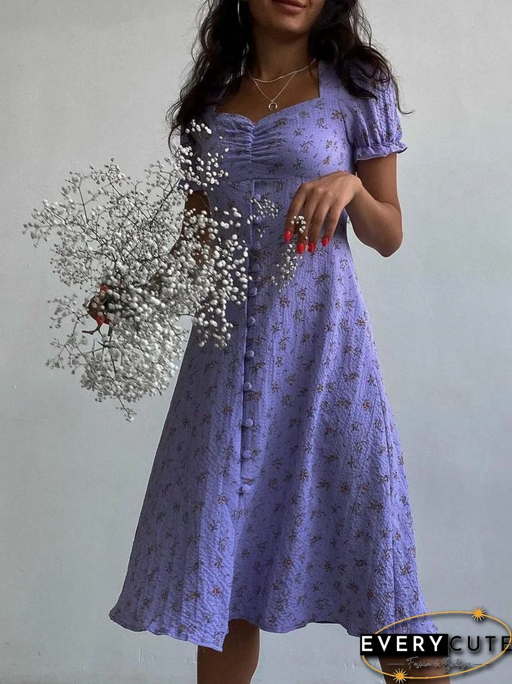 Women'S Dresses Floral Square Neck Button Short Sleeve Dress