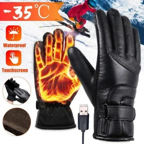 pornhint Pornhint Winter Electric Heated Gloves Cycling Warm Heating Skiing Plush Inside Gloves USB Powered Heated Leather Gloves Black Waterproof