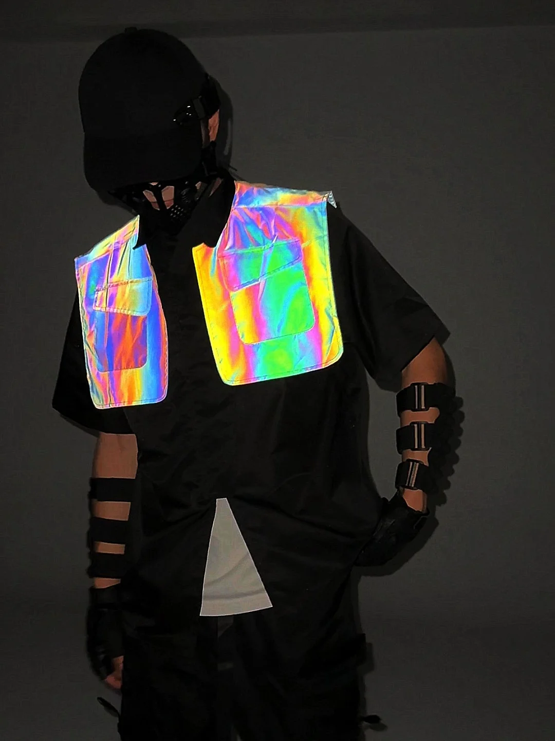 Woherb Function Fake Two Colorful Reflective Short-Sleeved Shirt Man's Magic Luminous Zipper Shawl Shirt Casual Jacket-Outfit Ideas