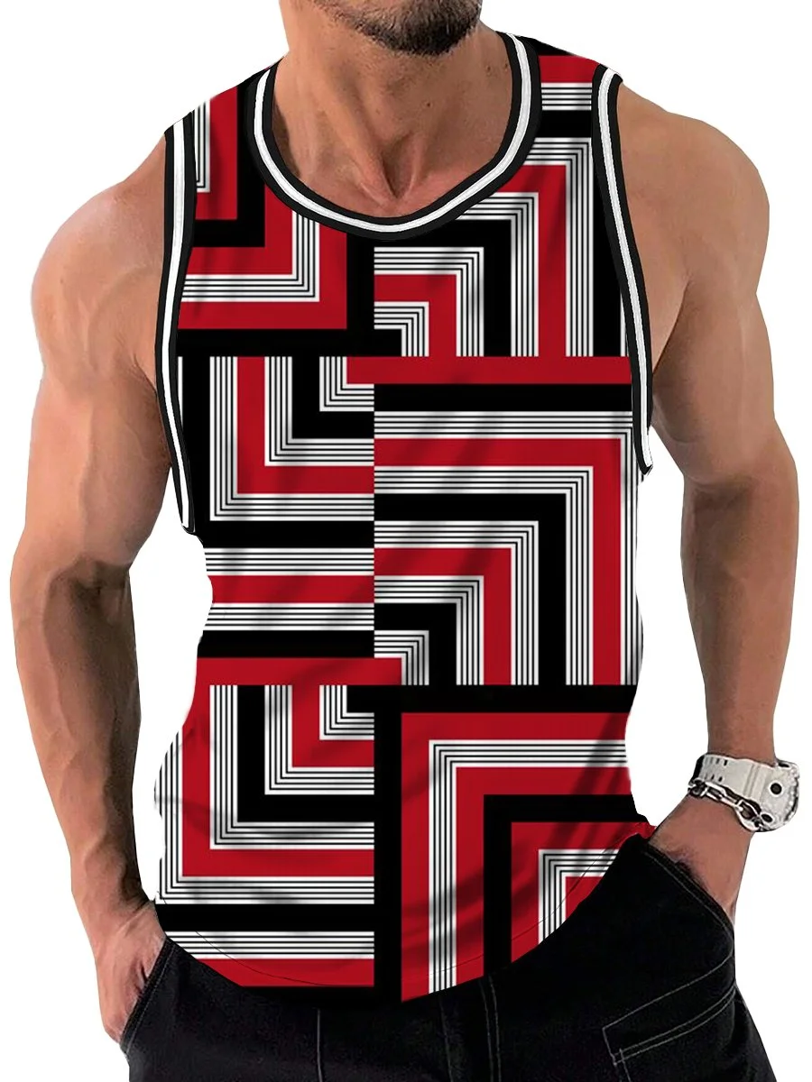 Vintage Contrasting Lines Print Crew Neck Tank Top