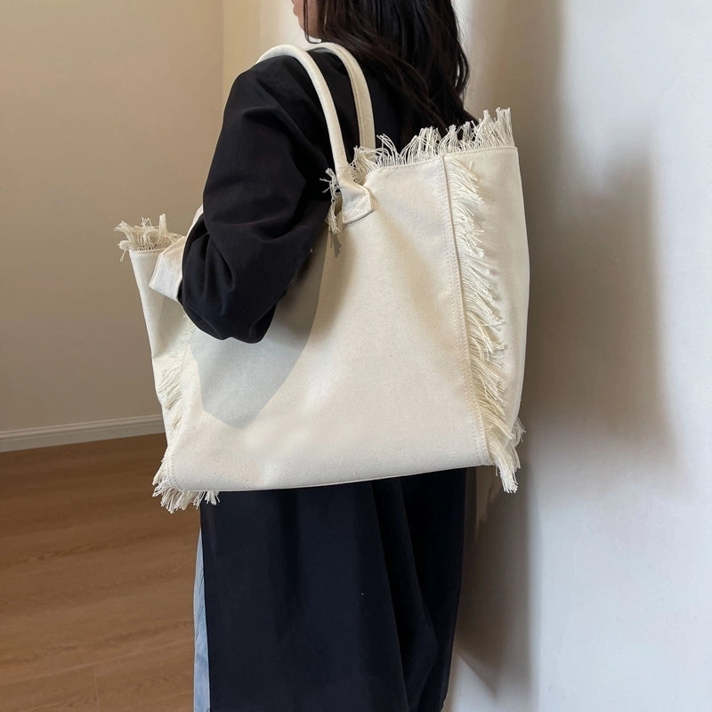 Women’s Canvas Solid Color Basic Streetwear Sewing Thread Square Open Shoulder Bag Square Bag Underarm Bag