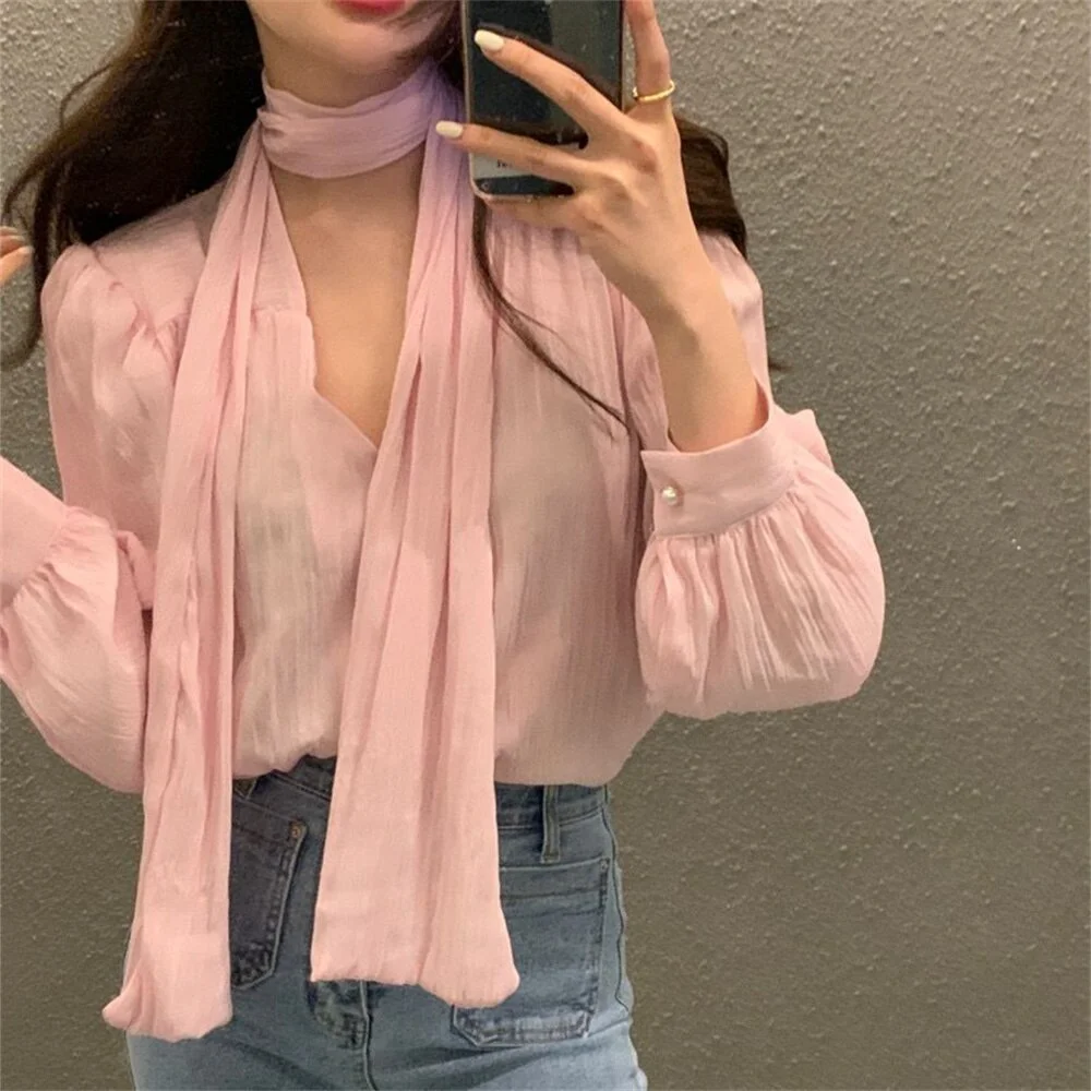 Jangj Alien Kitty Chic Spring V-Neck Full Sleeve Halter Blouses Women Elegant Office Lady New All Match High Street Solid Hot Mujer