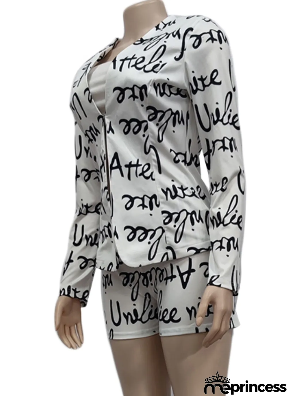 Autumn Pirnted White Long Sleeve Blazer and Matching Shorts Set