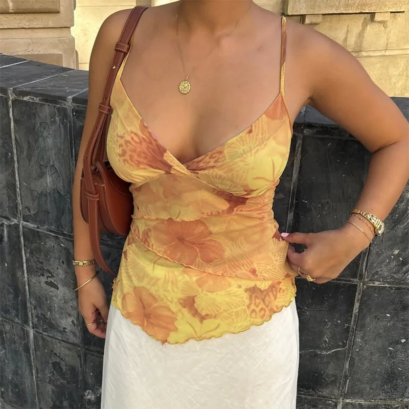 Women Vest Tie Dye Print Camisole Elegant Ladies V Neck Sleeveless Layers  Backless Tank Tops Crop Tops