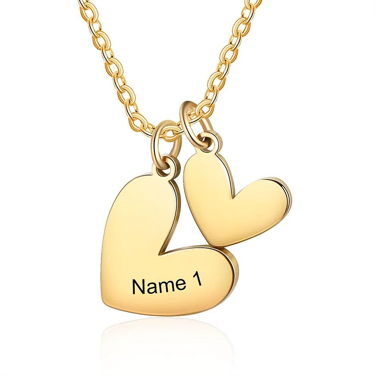 Two Heart Pendant Necklace Engraved Name with Heart Charms