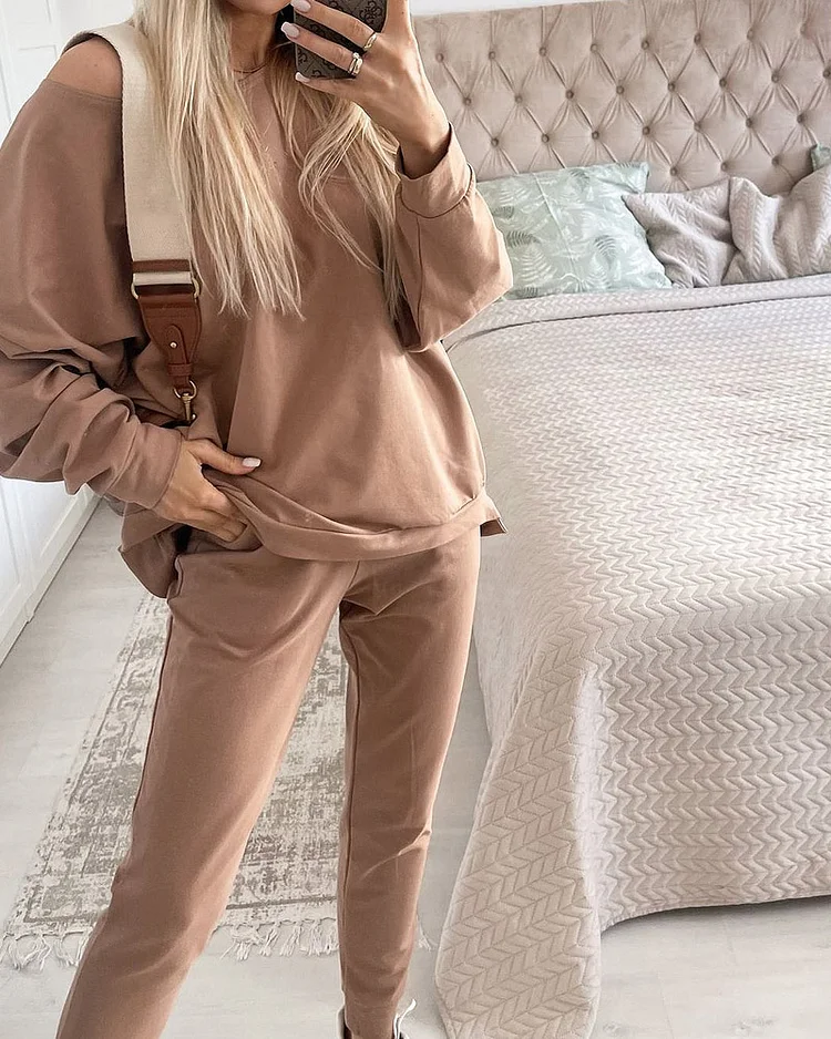Solid Color Casual Sports Style Sweatshirt & Sweatpants Two-piece Set