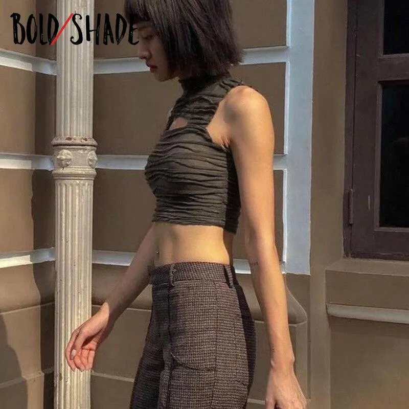 Bold Shade 90s Vintge Street Fashion Tanks Ruched Solid Urban Style Women Y2K Indie Clothes Aesthetic Hollow Out Crop Tops Slim