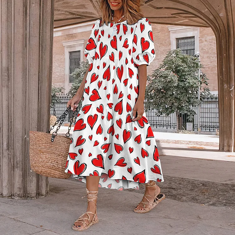 Heart Print Round Neck Short Sleeve Midi Dress