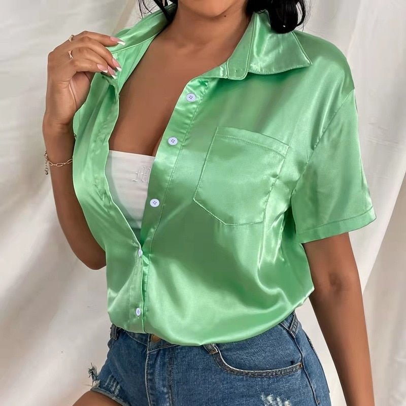 Fashion Casual Satin Blouse Women Summer 2022 Loose Button Up Silk Women Shirt Solid Office Lady Short Sleeve Blouses Tops 20009
