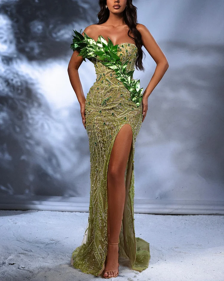 Women's Off-the-shoulder Sleeveless Slit Embroidered Dress