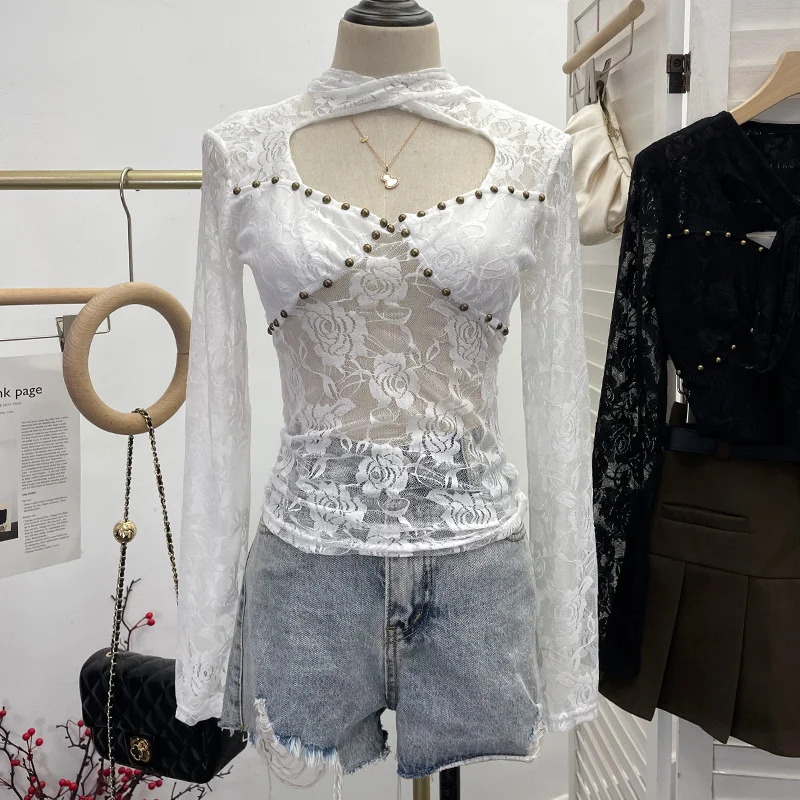 Zingj Explosion Real Shot Design Lace Ribbon Hollow Long Sleeve Top Sexy Slimming Bottom T-Shirt 8979