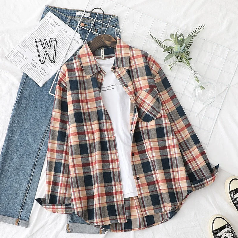 2021 Autumn New Plaid Flannel Shirt Women Blouses And Tops Retro Cotton Lady Loose Outwear Chemisier Femme