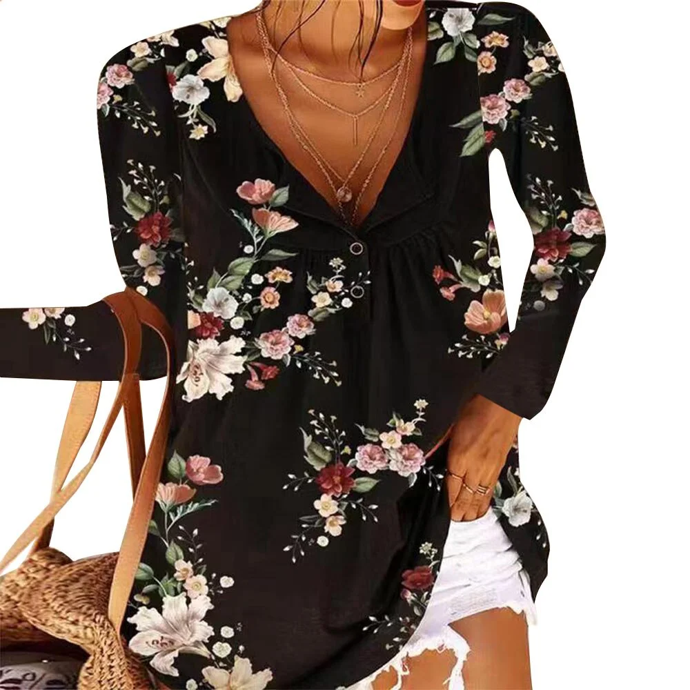 Summer Casual Tee Long Sleeve Women T-Shirt Floral Print Office Shirts Female Button V-Neck Loose T-Shirt Tops Pullover 2023 D30